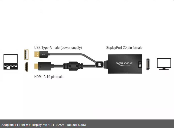 Adaptateur HDMI M > DisplayPort 1.2 F 0,25m - DeLock 62667