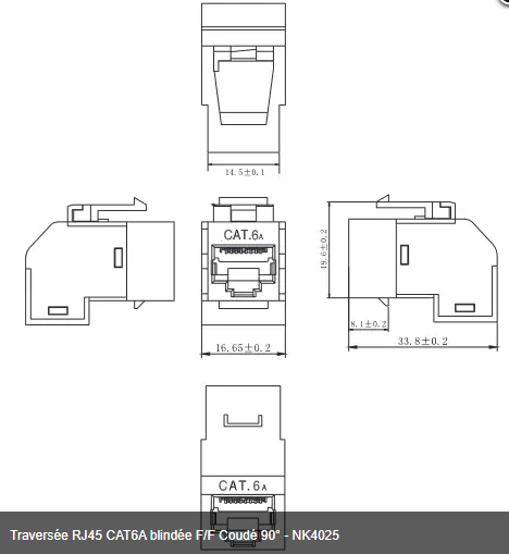 Traversée RJ45 CAT6A blindée F/F Coudé 90° - NK4025