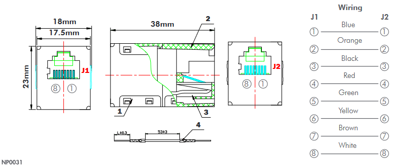 Coupleur RJ45 F/F CAT.5E blindé intégral - NP0031