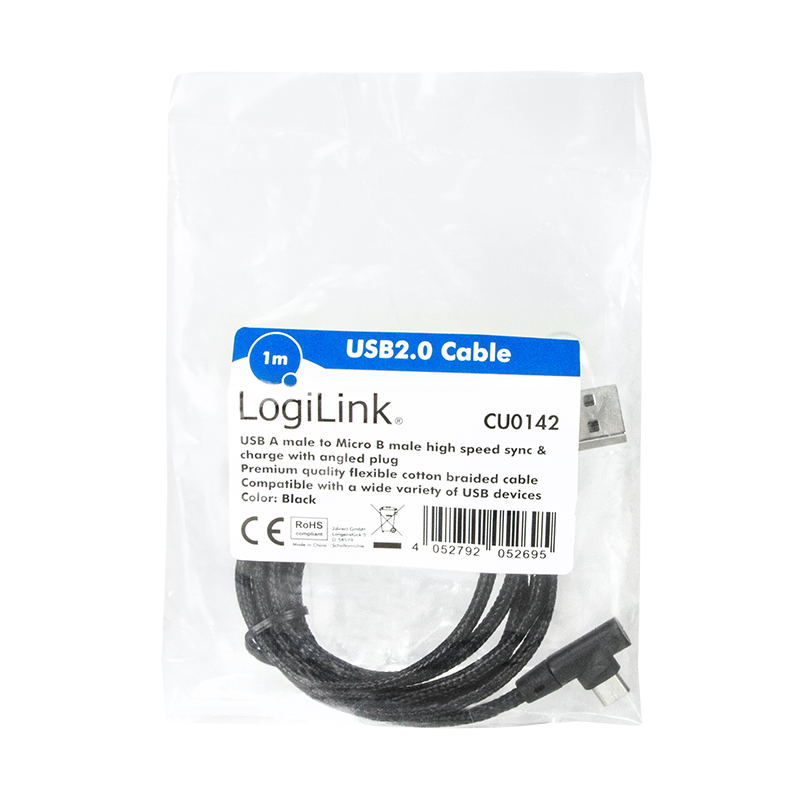 Cordon USB2.0 A vers Micro USB 1,00m, coudé - CU0142