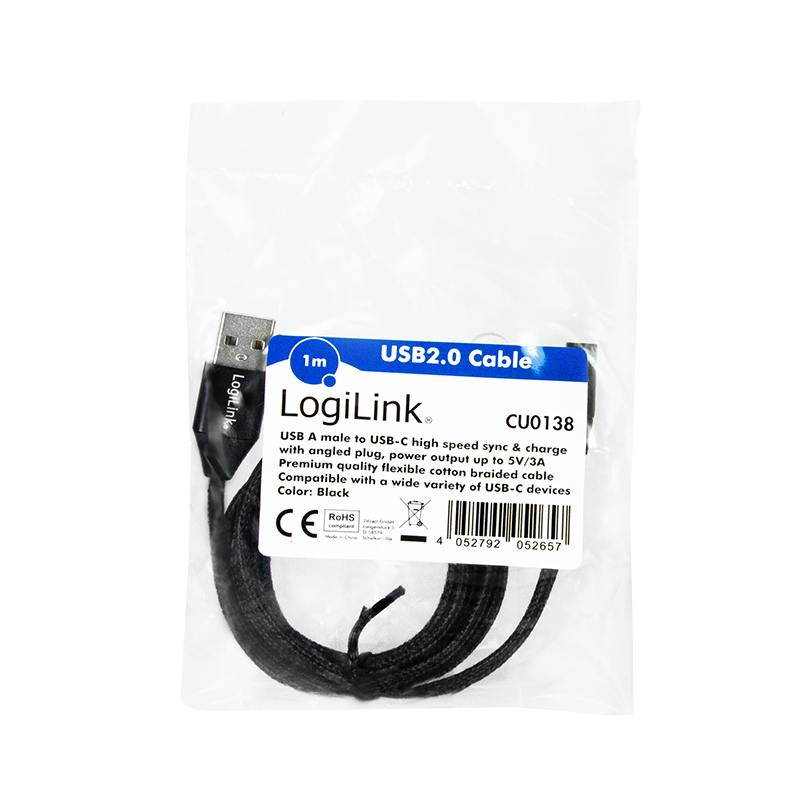Cordon USB2.0 A vers USB-C 1,00m, coudé - CU0138