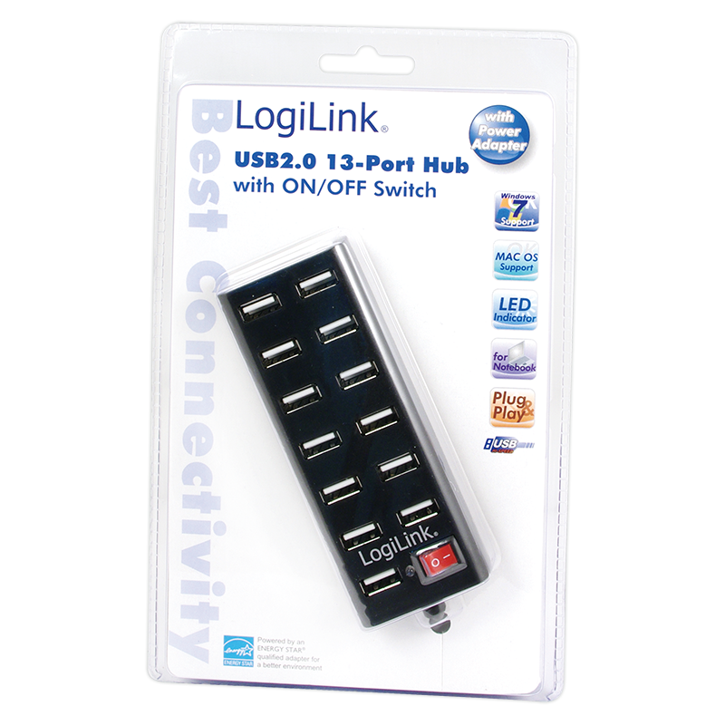 Hub USB2.0, 13 ports + switch on/off avec alim.