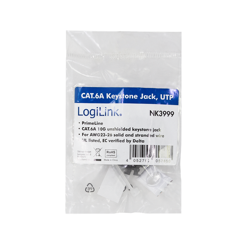 Embase Keystone RJ45 Cat6a CAD, non-blindé, AWG 23-26, sans outil, 16.8mm 