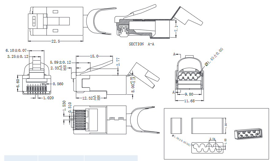 Connecteur RJ45 Cat6a blindé, par 10, souple et rigide