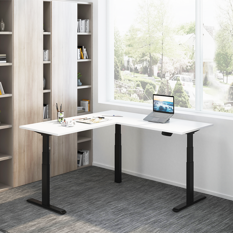 Structure de bureau assis-debout à réglage électrique, 3 moteurs, forme en L à 90° 