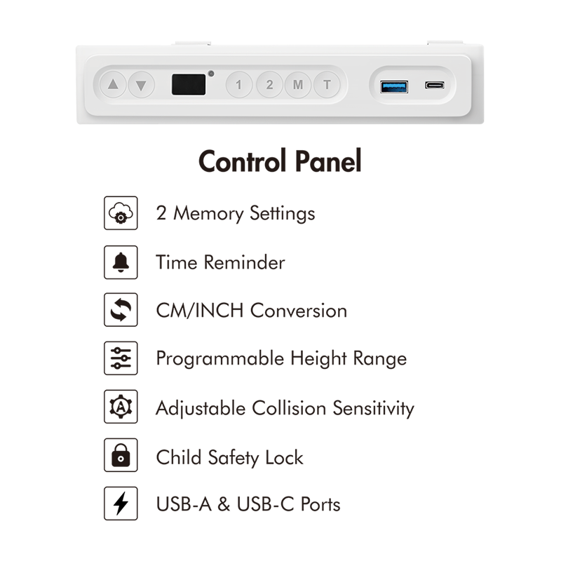Bureau réglable en hauteur électriquement, chargement sans fil, 2 ports USB 