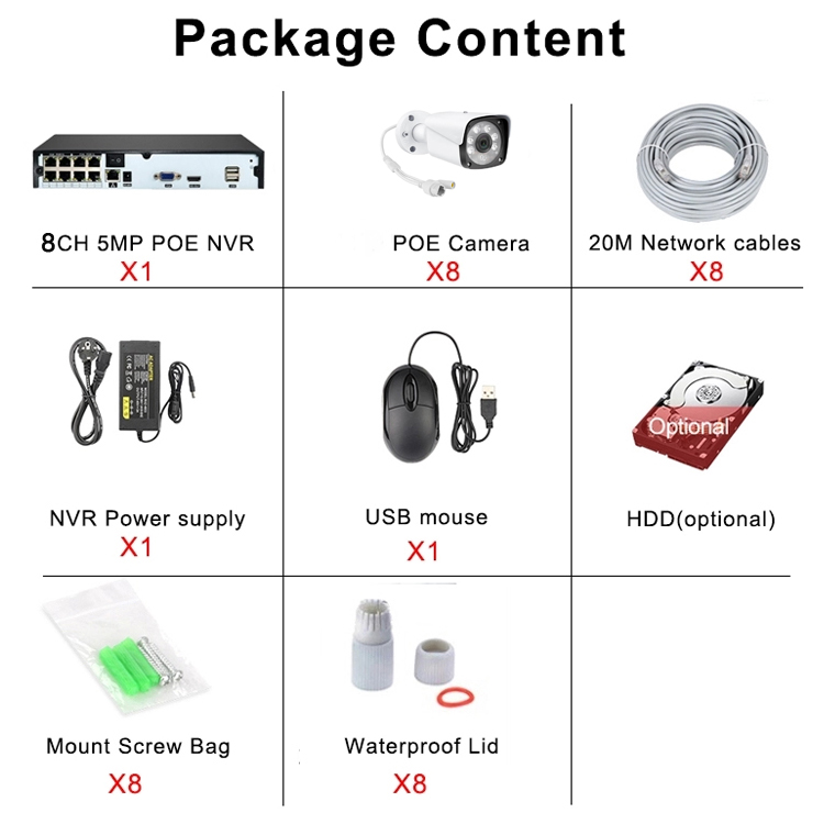 CAMARA SYSTEMES DE SECURITE CCTV 8 XMEYE NVR ETANCHE BULLET IP POE 5MP AVEC CABLES