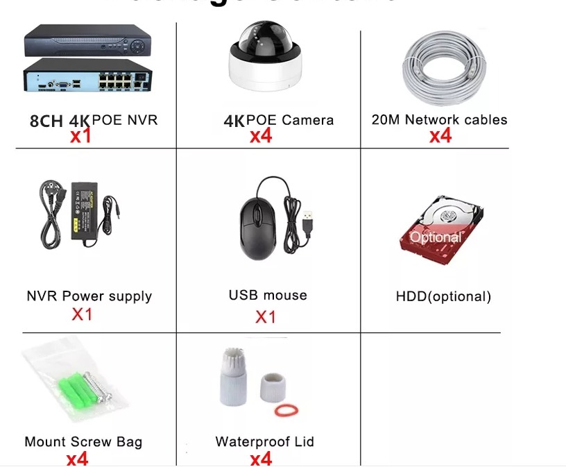 CAMERAS  8CH NVR  8MP DOME ETANCHE ANTI-VANDALISME 4K POE 