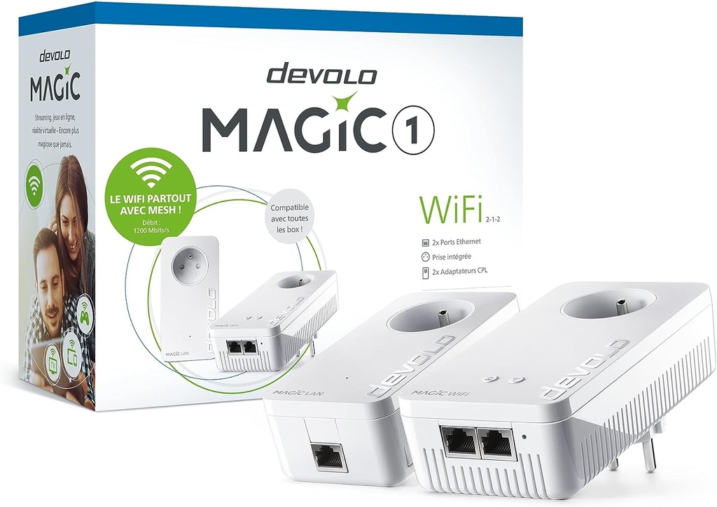 devolo Magic 1 WiFi 5 (ac) Starter Kit : 2x Adaptateurs CPL, Prise Gigogne (1 200 Mbits, 2x Fast-Ethernet + 1 Port Gigabit Ethernet, Mesh)