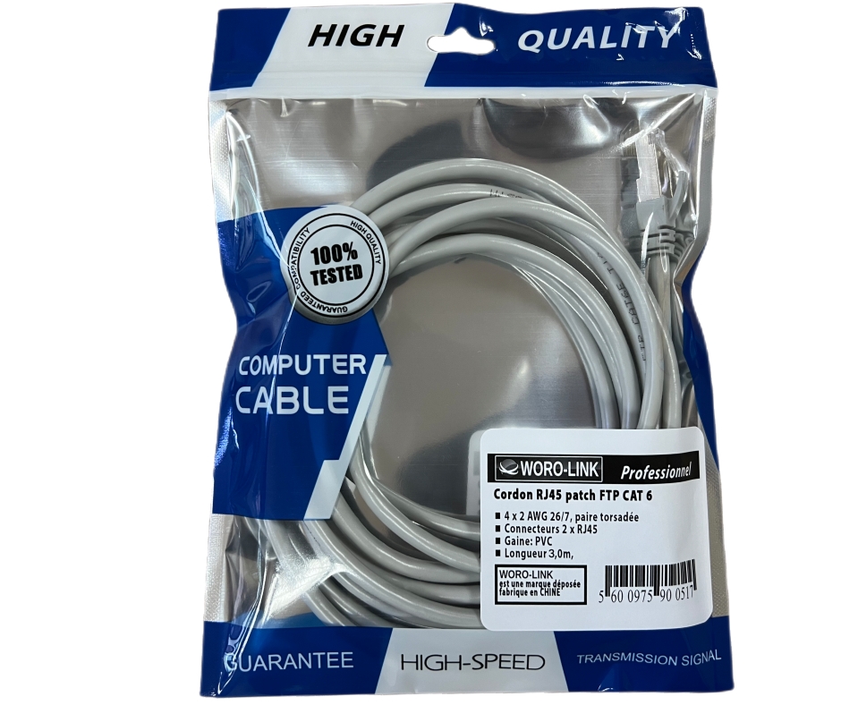  Cordon  blinde RJ45 CAT.6 FTP   3,00m  