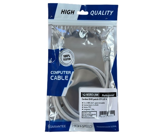 [1203002]  Cordon non blinde RJ45 CAT.6 UTP   1,00m  