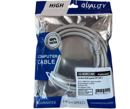 [1203004]  Cordon non blinde RJ45 CAT.6 UTP   3,00m  
