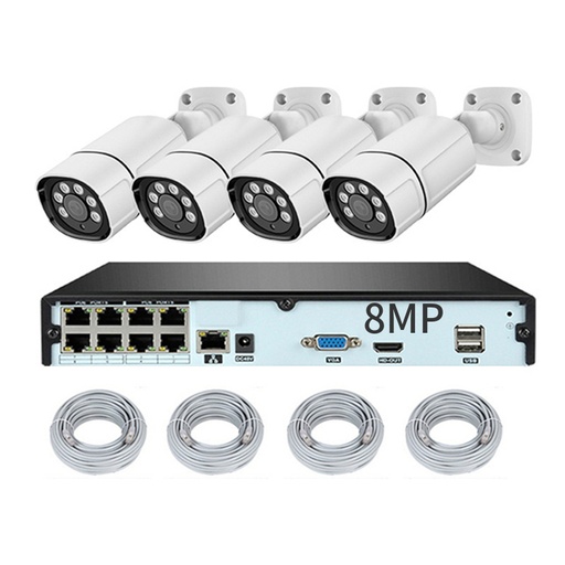 [1901709] CAMERA  EXTERIEUR 8CH POE NVR + 4 CAMERAS 8MP AUDIO VIDEO ENREGISTREMENT 4K CCTV IP 