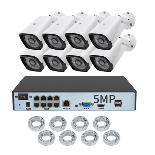 [1901712] CAMARA SYSTEMES DE SECURITE CCTV 8 XMEYE NVR ETANCHE BULLET IP POE 5MP AVEC CABLES