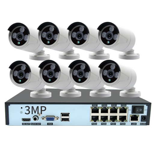 [1901713] CAMERA  3MP BULLET ETANCHE SURVEILLANCE 8 CANAUX IP CAMERA DE SECURITE POE NVR 